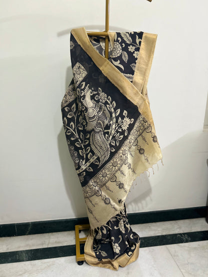 Black Pen Kalamkari Bangalore silk Saree
