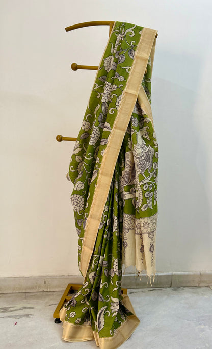 Green Pen Kalamkari Bangalore silk Saree