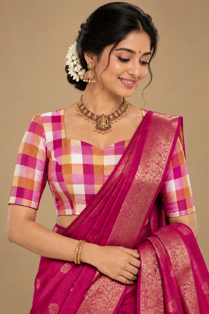 Pink Palam Checks Pure Kanchi  Silk Blouse