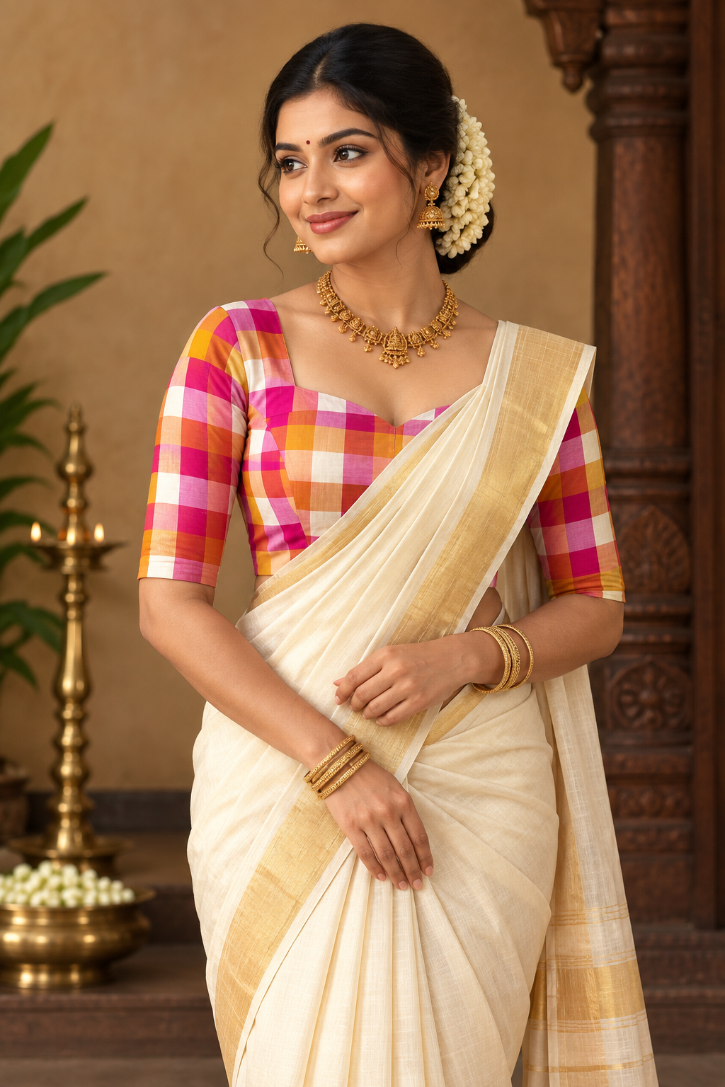 Pink Palam Checks Pure Kanchi  Silk Blouse