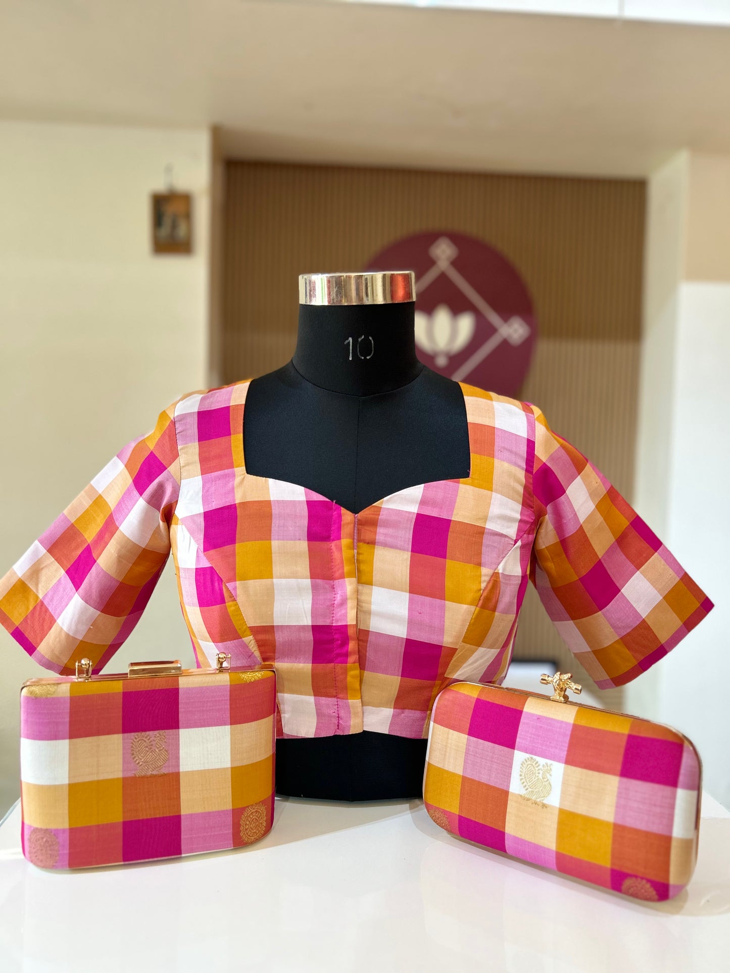 Combo Pink Palam Checks  Kanchi  Silk Blouse and clutch with handle