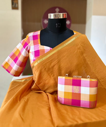 Combo Pink Palam Checks  Kanchi  Silk Blouse and clutch with handle