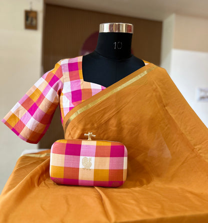 Combo Pink Palam Checks  Kanchi  Silk Blouse  and Clutch