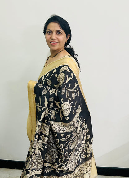 Black Pen Kalamkari Bangalore silk Saree