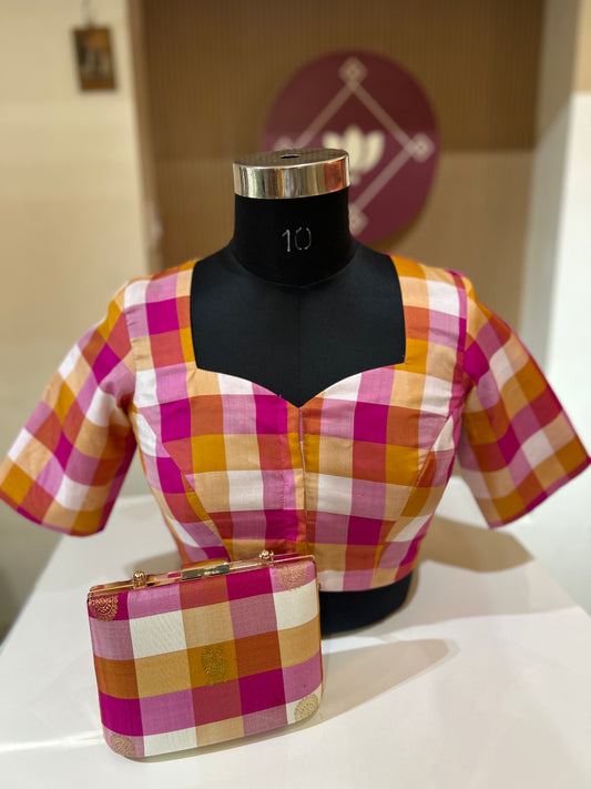Combo Pink Palam Checks  Kanchi  Silk Blouse and clutch with handle