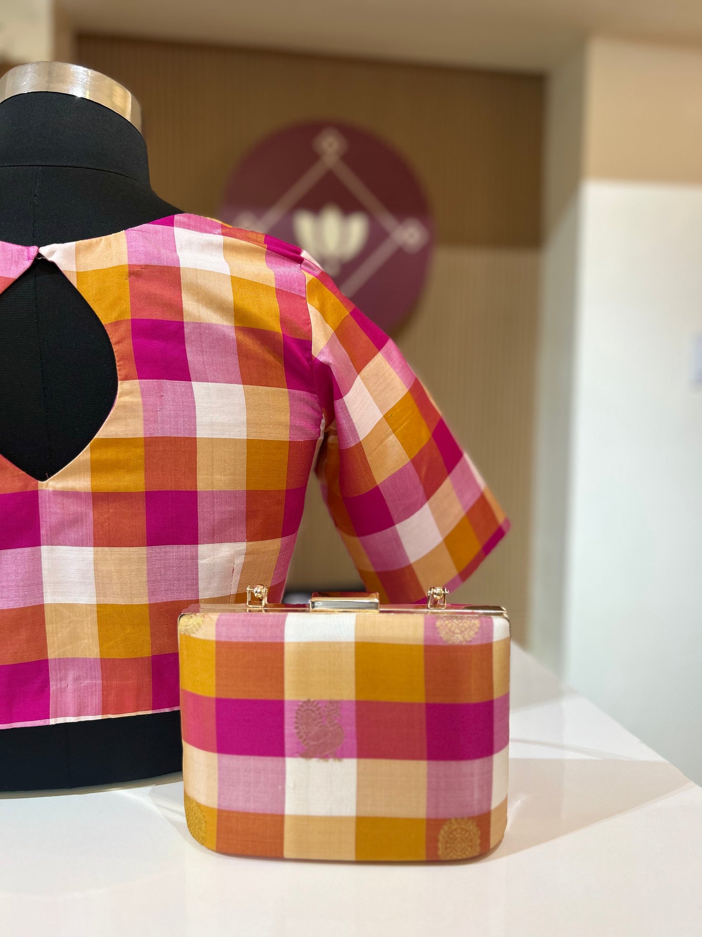 Combo Pink Palam Checks  Kanchi  Silk Blouse and clutch with handle