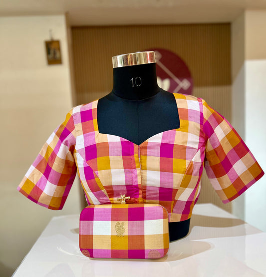 Combo Pink Palam Checks  Kanchi  Silk Blouse  and Clutch
