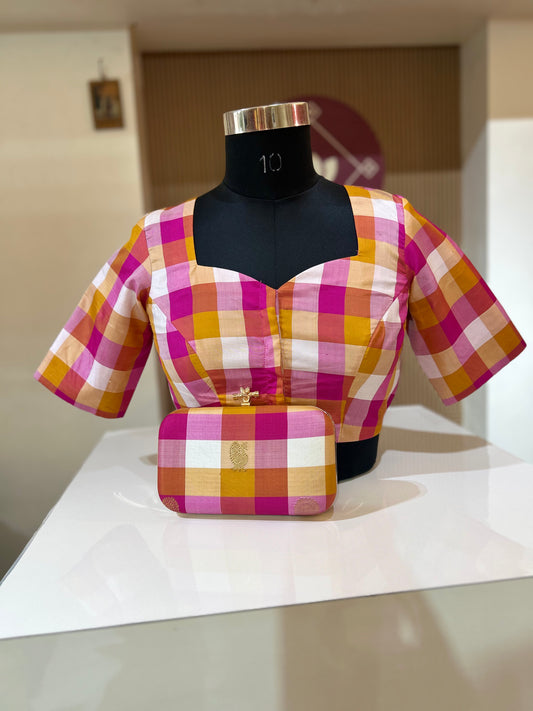 Combo Pink Palam Checks  Kanchi  Silk Blouse  and Clutch