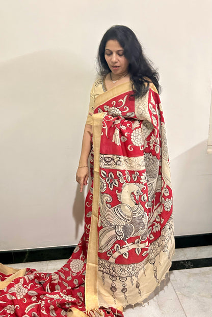 Red Pen Kalamkari Bangalore silk Saree