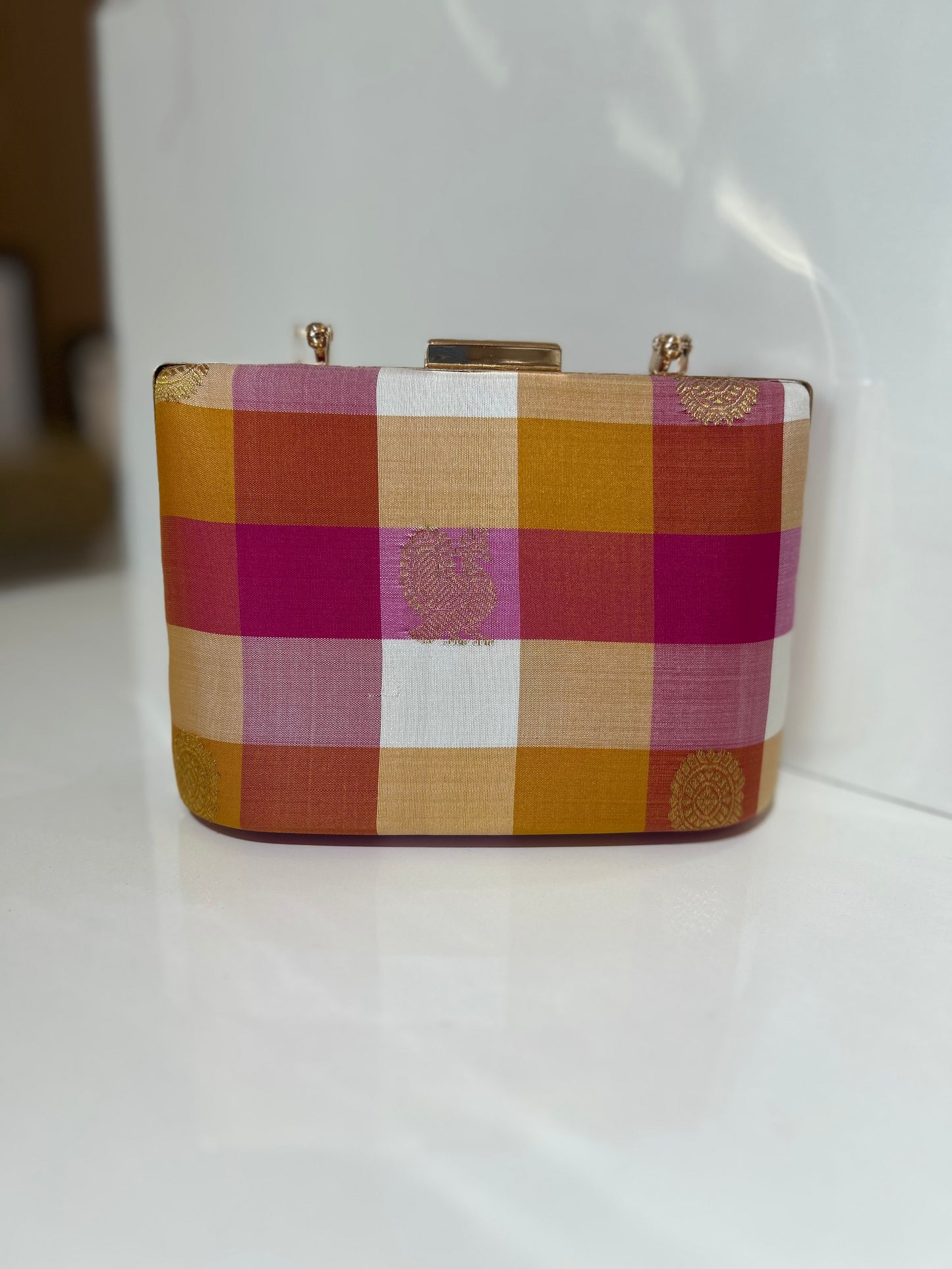 Pink Palam Pure Kanchi silk Checks Clutch with Motifs