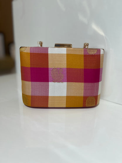 Pink Palam Pure Kanchi silk Checks Clutch with Motifs