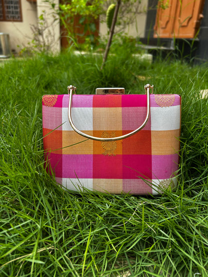 Pink Palam Pure Kanchi silk Checks Clutch with Motifs