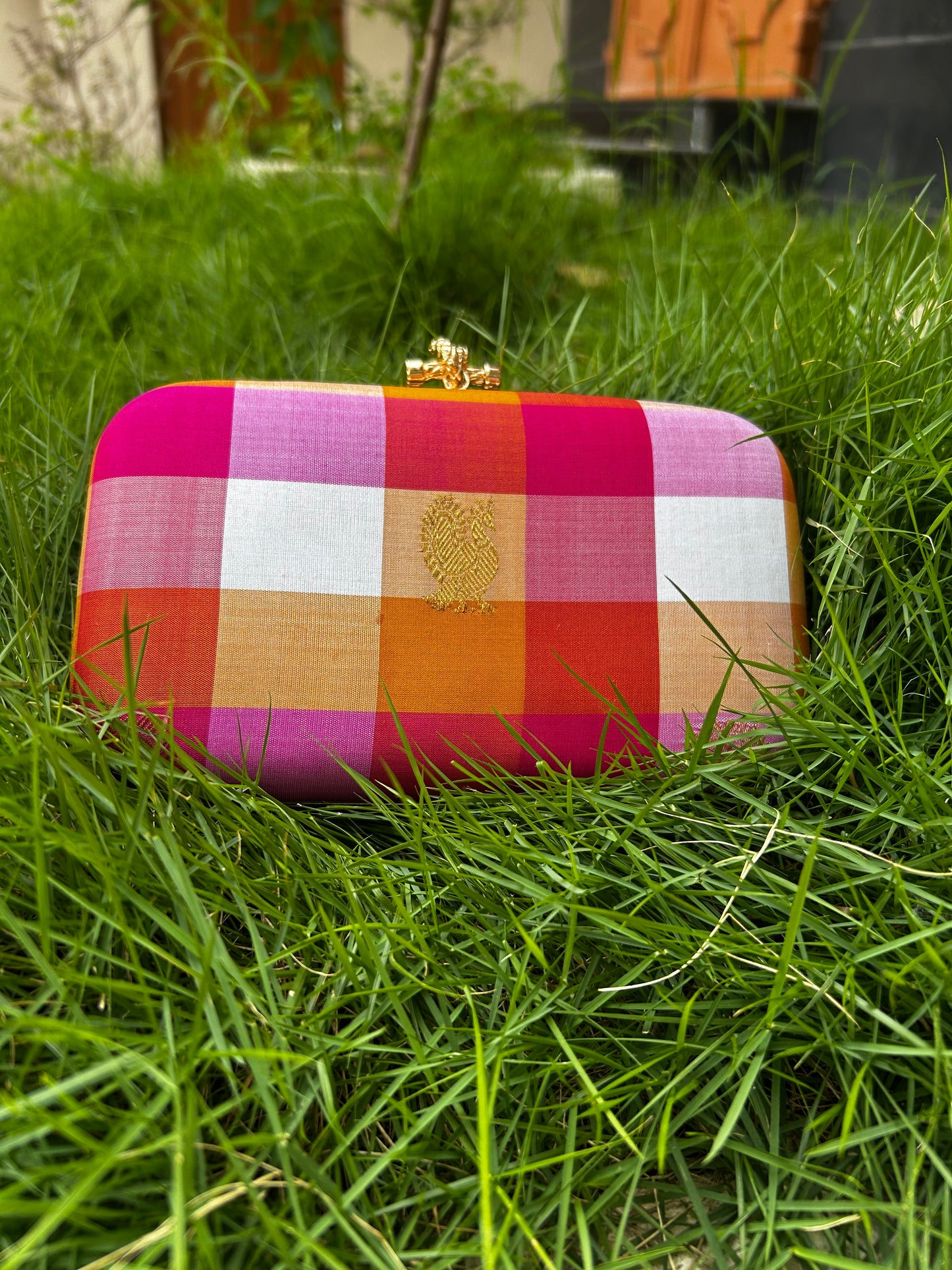 Pink Palam Pure Kanchi silk Checks Clutch -Smaller Size