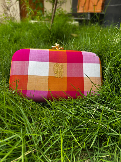 Pink Palam Pure Kanchi silk Checks Clutch -Smaller Size
