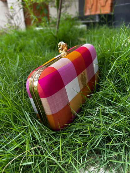 Pink Palam Pure Kanchi silk Checks Clutch -Smaller Size