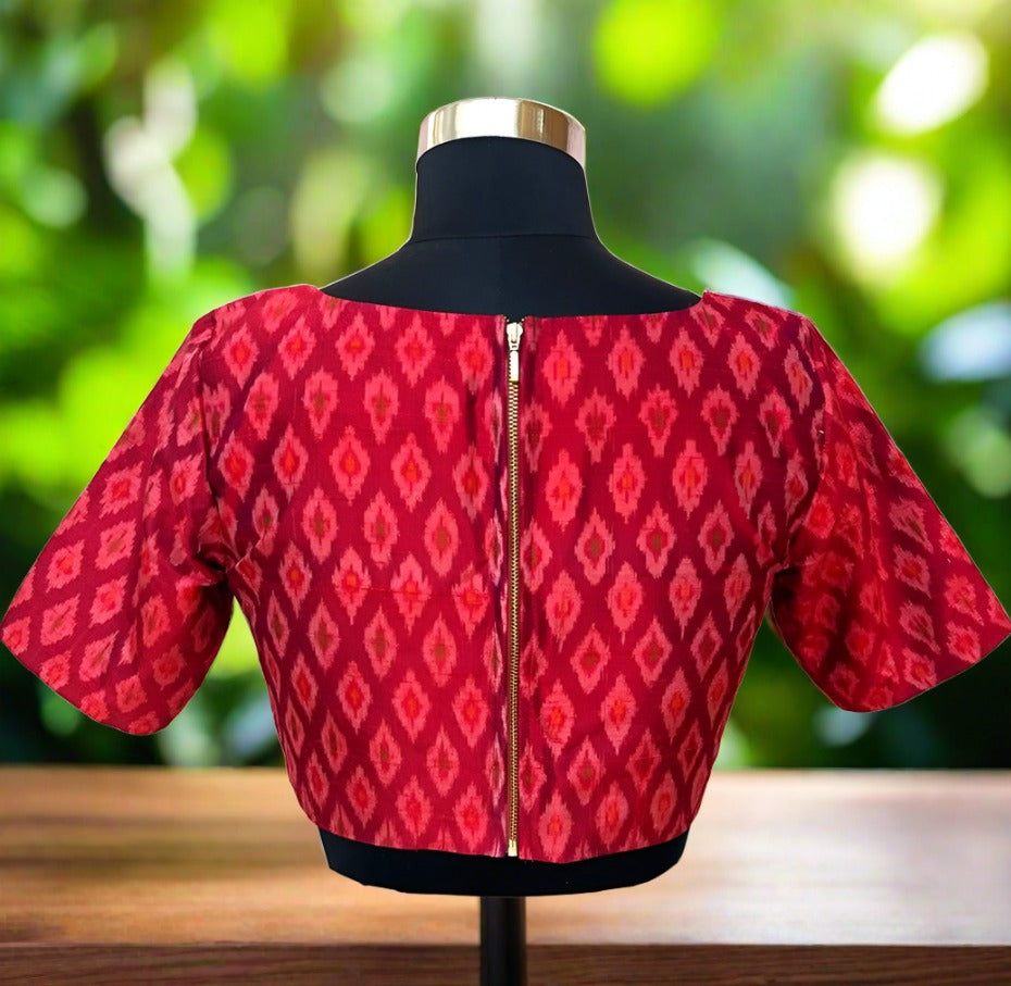 Red Pochampally Raw silk Blouse-Alankrutha