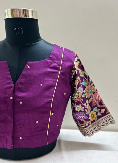 Embroidered Purple Kalamkari silk blouse