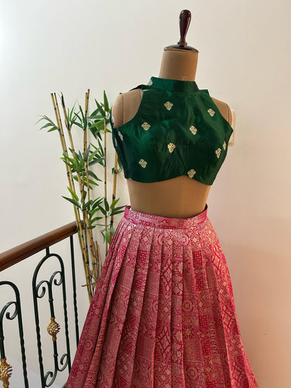 Pink Brocade Lehenga with Green Crop top - Made on Pre Order