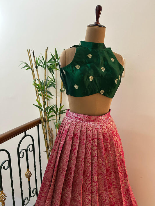 Pink Brocade Lehenga with Green Crop top - Made on Pre Order