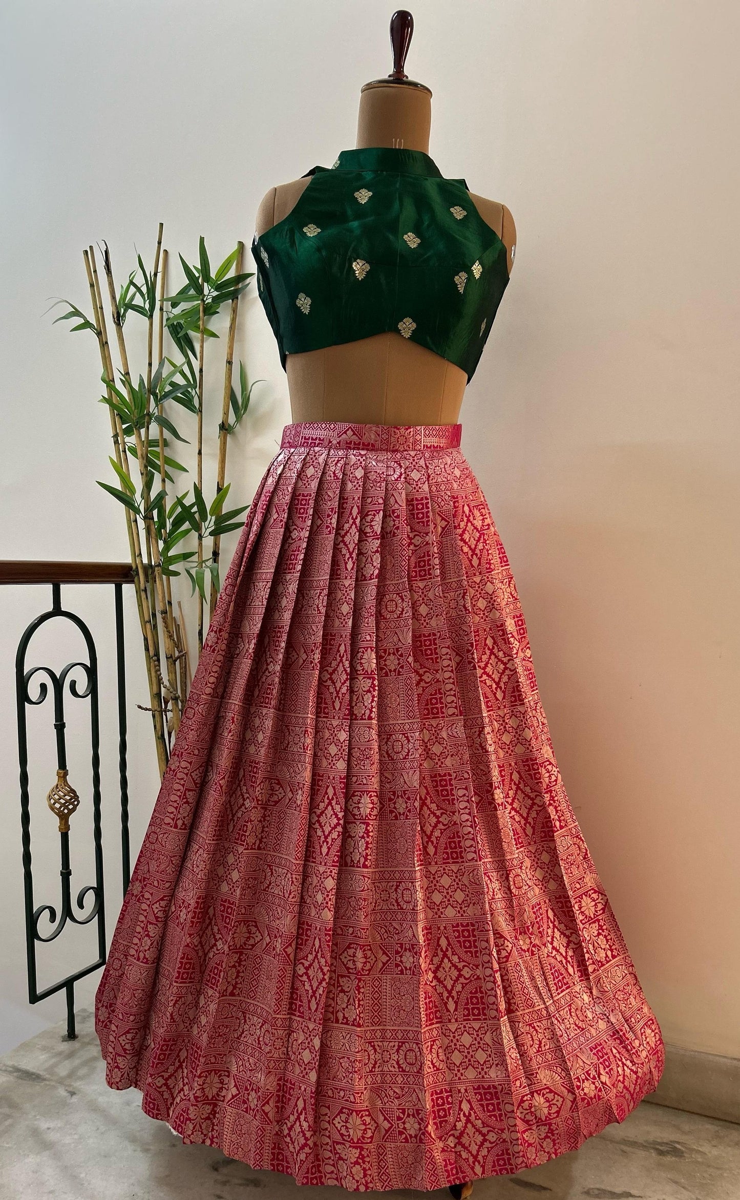 Pink Brocade Lehenga with Green Crop top - Made on Pre Order