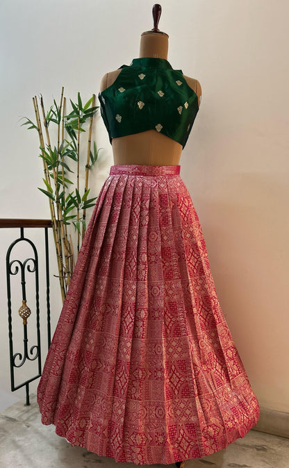 Pink Brocade Lehenga with Green Crop top - Made on Pre Order