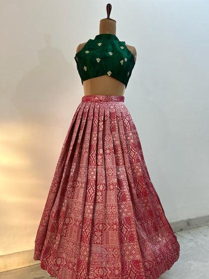 Pink Brocade Lehenga with Green Crop top - Made on Pre Order