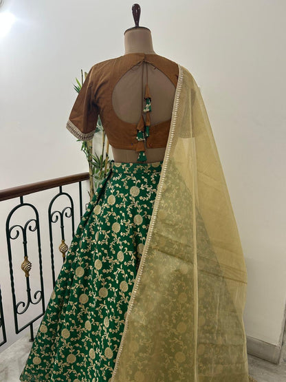 Bottle green semi brocade lehenga - Made on Pre Order