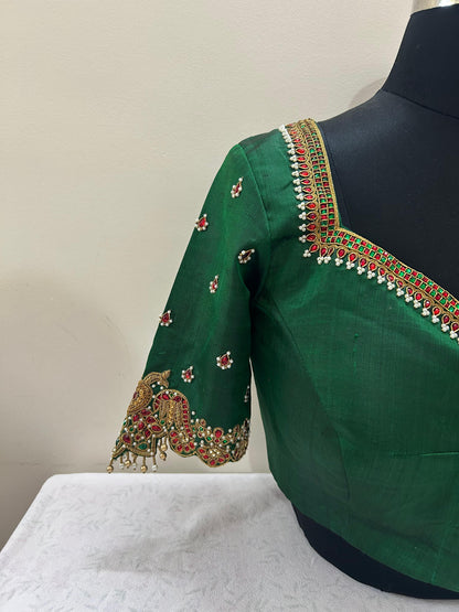 Bottle green jewelry Embroidery Blouse