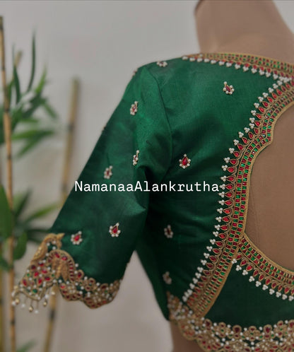Bottle green embroidery blouse-Alankrutha