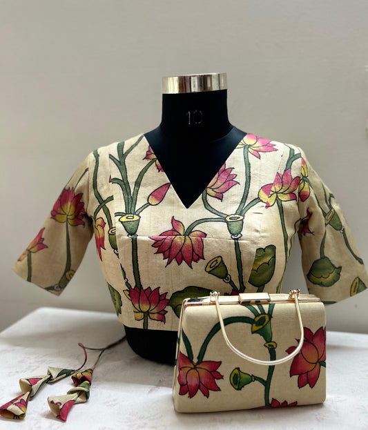 Pen Pichwai Tussar silk Blouse & Clutch Combo