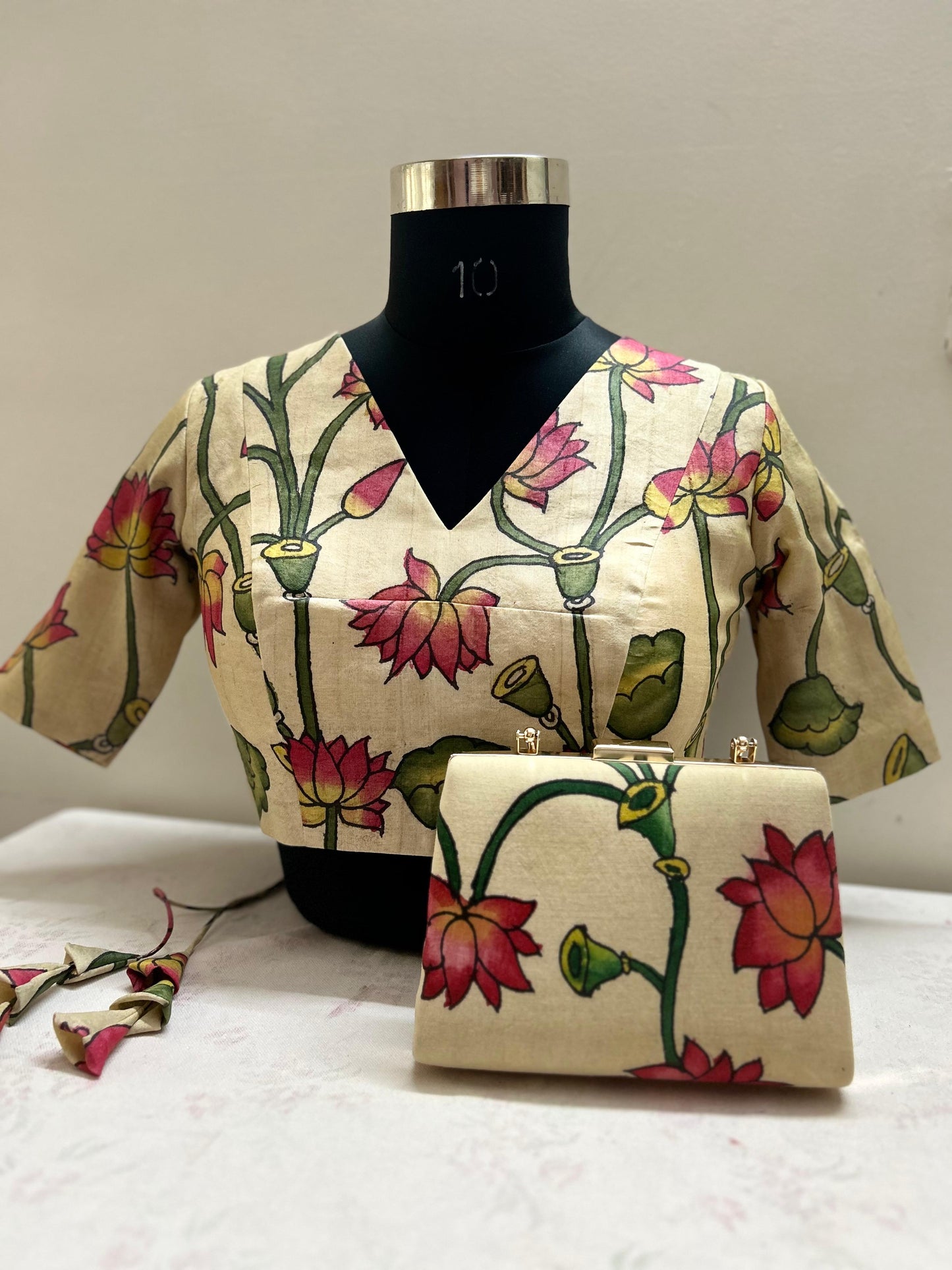 Pen Pichwai Tussar silk Blouse & Clutch Combo