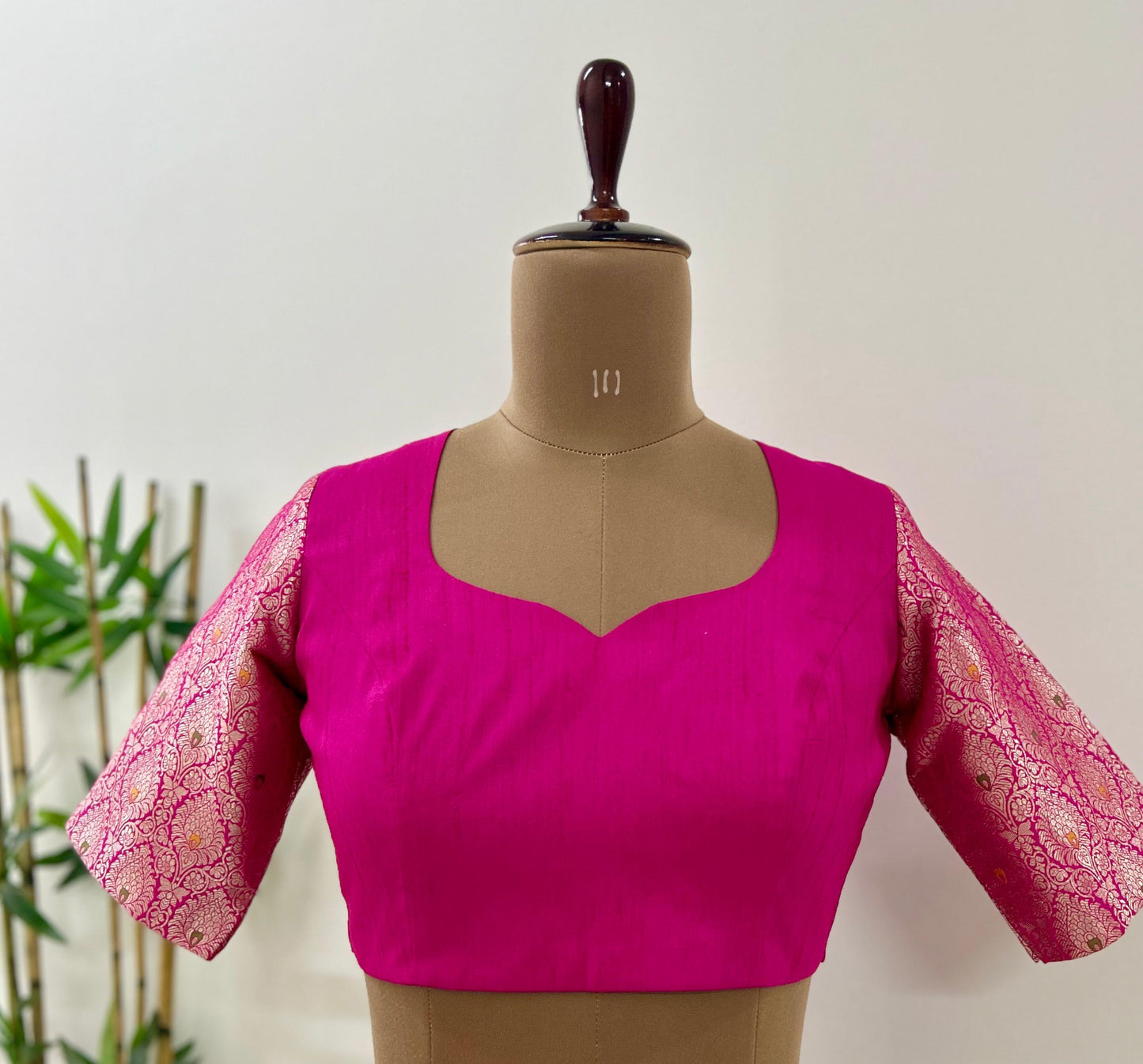 Pink Leaf neck Brocade Blouse