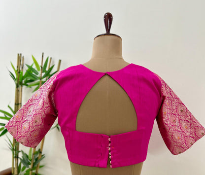 Pink Leaf neck Brocade Blouse