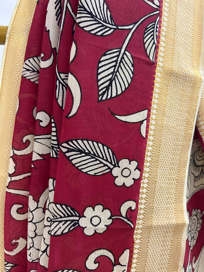Red Pen Kalamkari Bangalore silk Saree