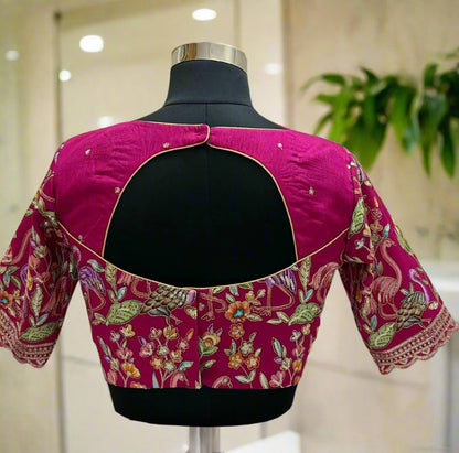 Embroidered Pink Kalamkari silk blouse