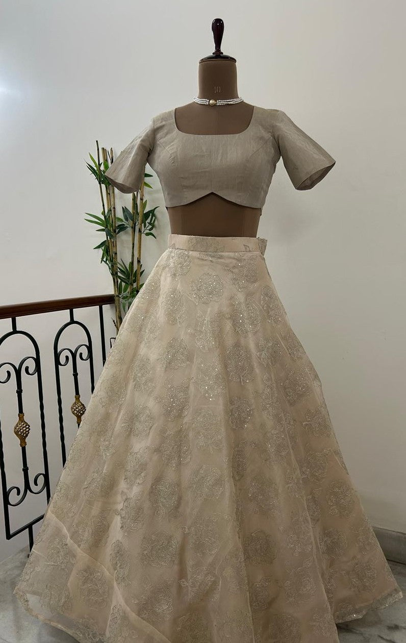 Peach self embroidered Organza Lehenga - Made on Pre Order