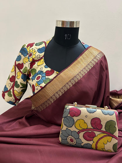 Pen Kalamkari Blouse & Clutch Combo