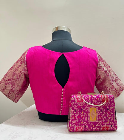 Pink boat neck Brocade Blouse