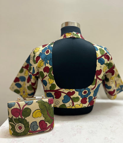 Pen Kalamkari Blouse & Clutch Combo