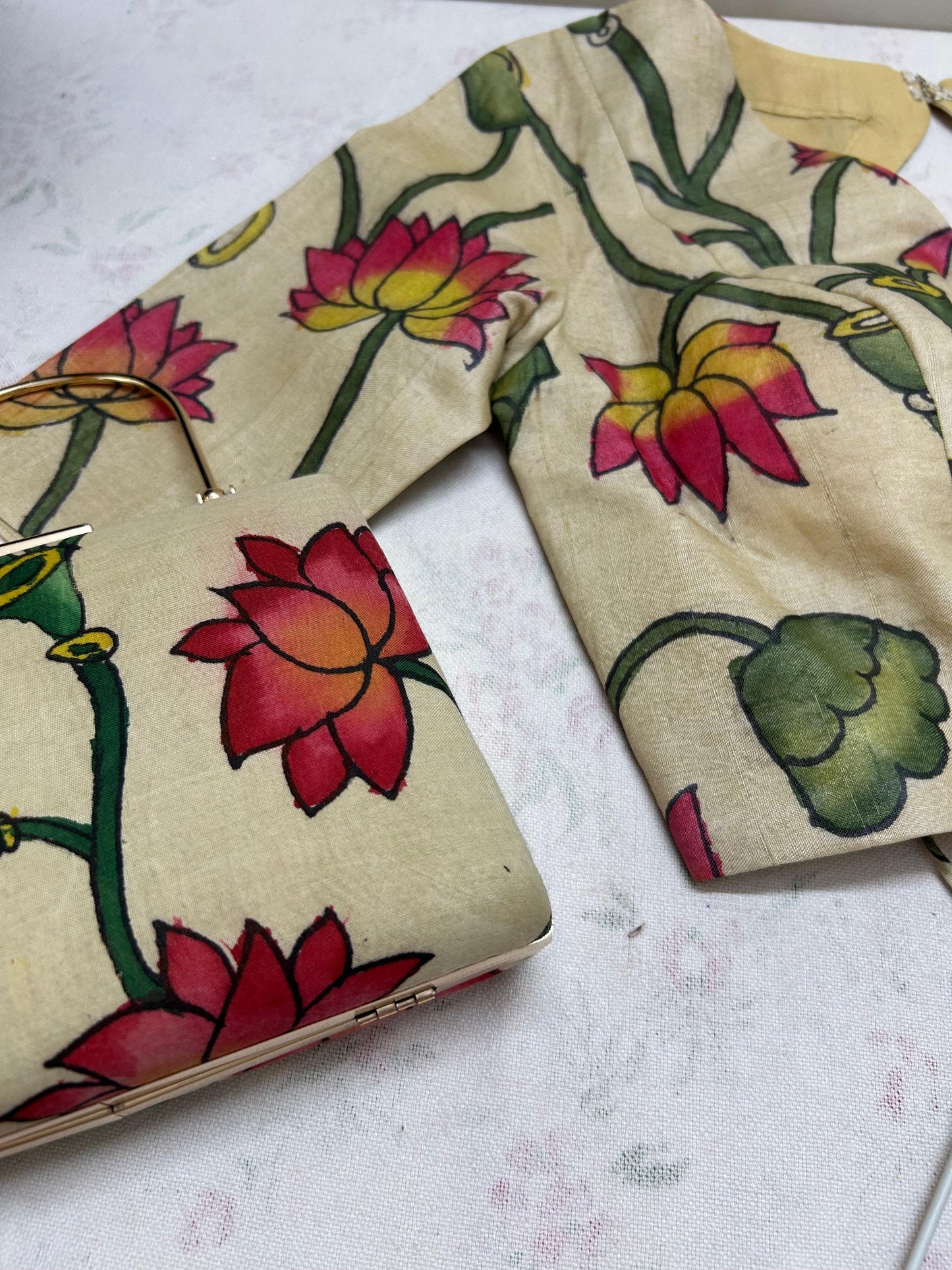 Pen Pichwai Tussar silk Blouse & Clutch Combo