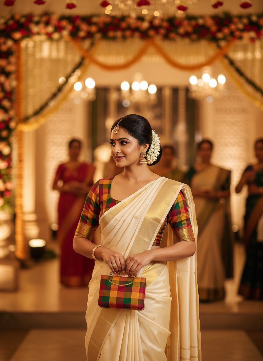 Palam Checks Silk Blouse & Clutch Combo