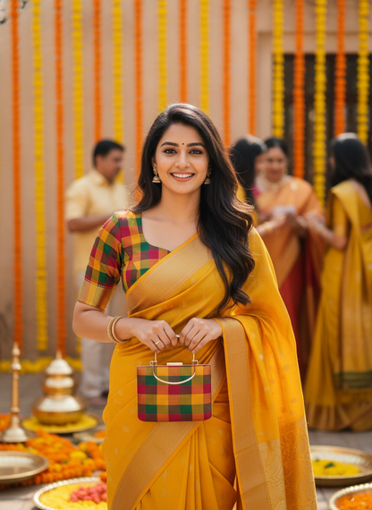 Palam Checks Silk Blouse & Clutch Combo