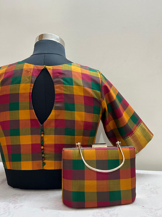 Palam Checks Silk Blouse & Clutch Combo