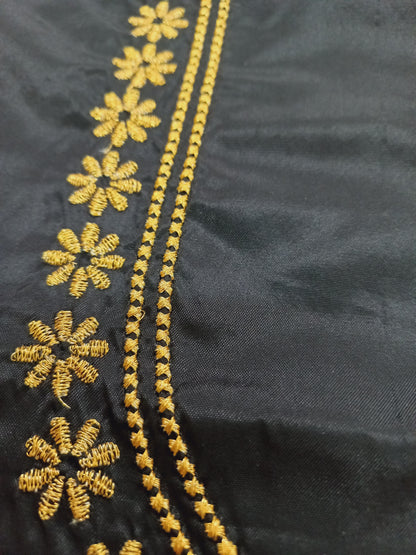 Unstitched Black Embroidered Cotton Silk Fabric