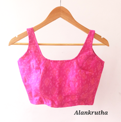 Sleeveless Fuchsia Pink Pochampally  Raw Silk Blouse